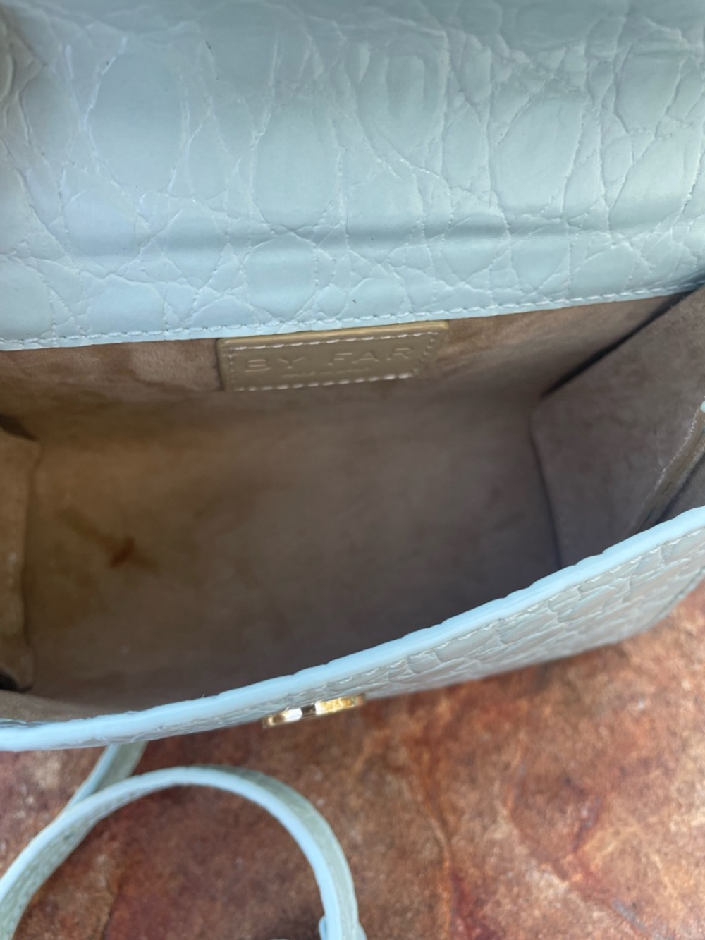 BY FAR Light Blue Croc-Embossed Mini Top-Handle Bag with Crossbody Strap (CdlG) - Picture 12 of 12